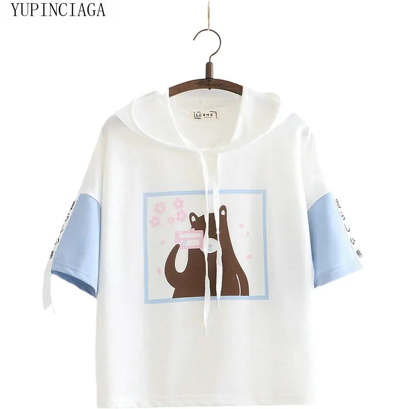 Женская хлопковая футболка с капюшоном и принтом медведя весна 2020 коротким