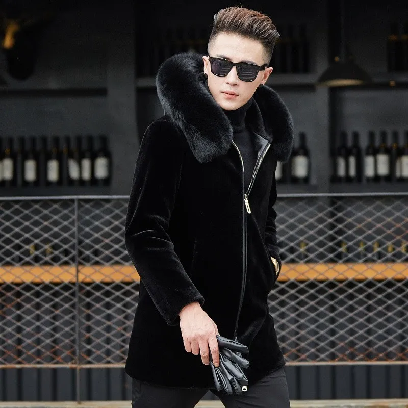 Мужская шерстяная куртка черная из искусственного лисьего меха со съемным