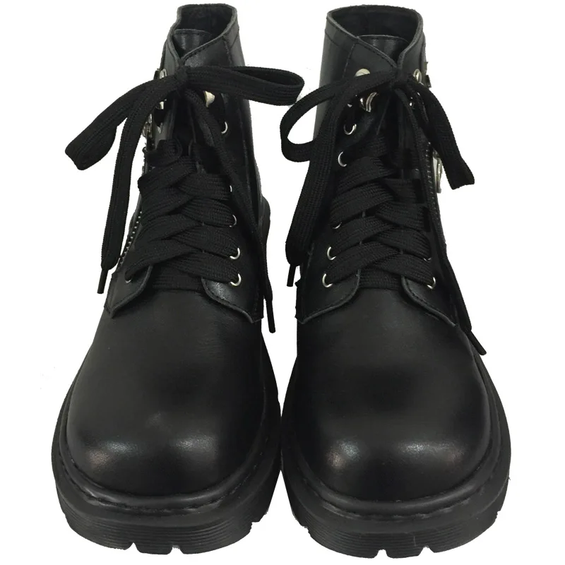 

Autumn Winter Women's Black White Ankle Boots Med Heels Lace Up Shoes Round Toe A2