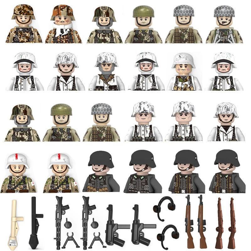 

Новые военные фигурки WW2, строительные блоки, солдаты армии, мини-фигурки, солдаты, 10 шт./лот, 4-сторонний Печатный пистолет, оружие WW2, кирпичи,...