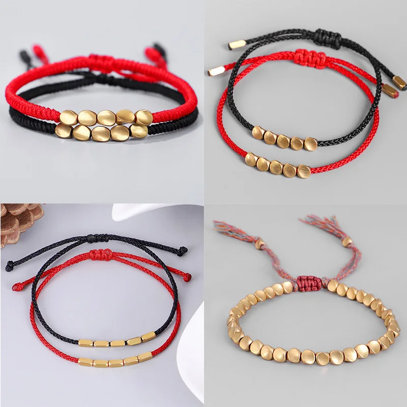 

KSRA Ethnic Tibetan Buddhist Copper Bead Red Bracelet For Women Men Vintage Handmade Thread Braided Rope Bracelets Jewelry