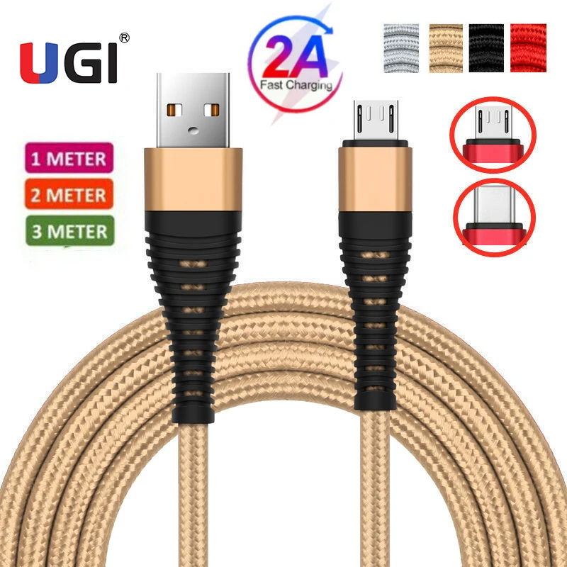 

UGI 2A Fast Charging Cable Charge Type C USB C Micro USB For Nylon Braided Fast Charger Data Sync Transfer Phone Cable Gold