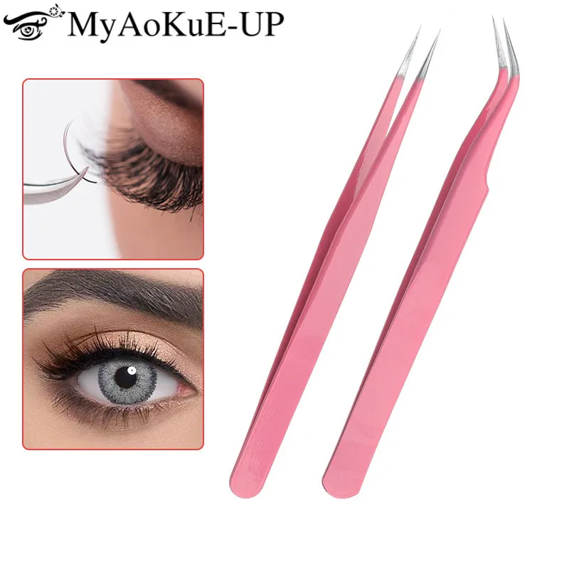 

Stainless Steel Eyelashes Tweezers Professional For Lashes Extension Pink Decor Anti-static Eyebrow Tweezers Eyelash Extension