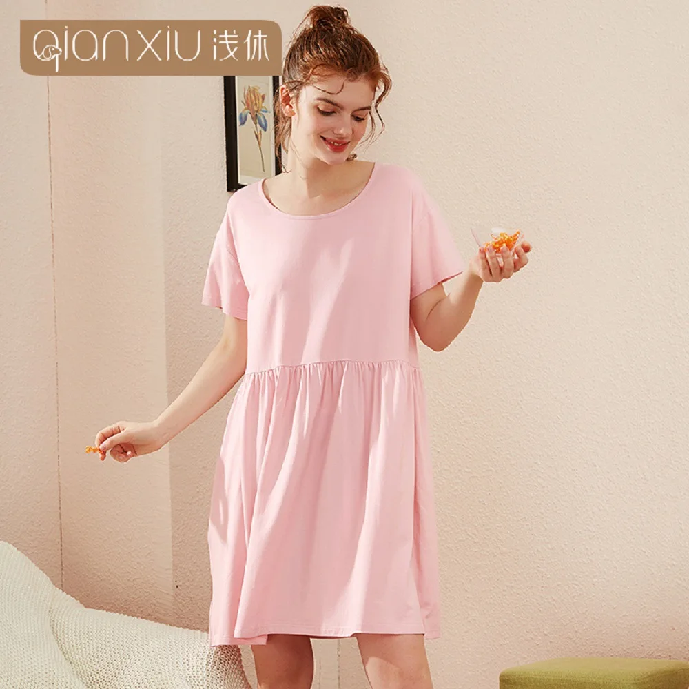 

Women Sleepwear Cotton Summer Nightgowns Female Solid Color Loose Nightdress Femme Classic o-Neck Ladies Home Dress Nightwear
