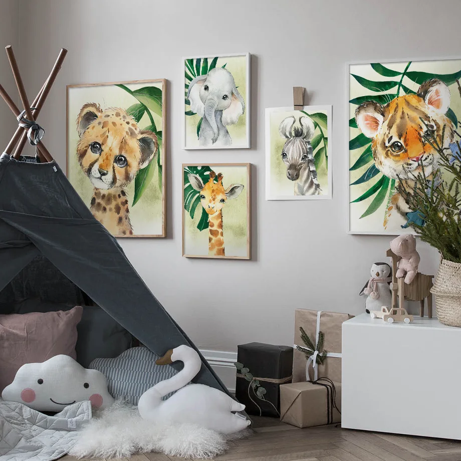 

Nursery Wall Art Print Canvas Painting Jungle Lion Elephant Giraffe Zebra Leopard Nordic Poster Decor Pictures For Living Room