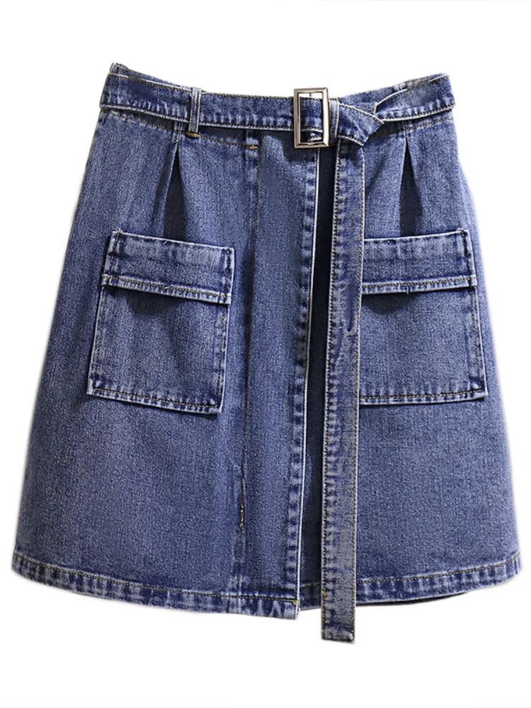 

korean fashion Denim blue skirts plus size harajuku Front Pockets Women Skirts with Waist Belt faldas DM