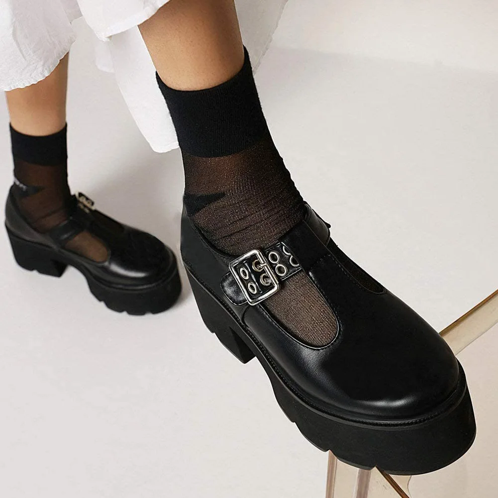 

RIBETRINI Plus Size 43 Female Black Buckle Platform Square High Heel Shoes Women Pumps Casual Concise Quality Pumps