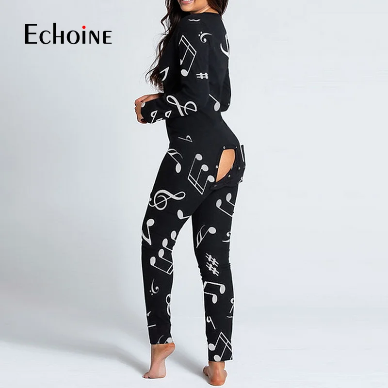 

Oluolin spring women Sexy Button open crotch Adults Onesies Long Sleeve V-neckExquisite print Pajama Romper Jumpsuit Nightwear
