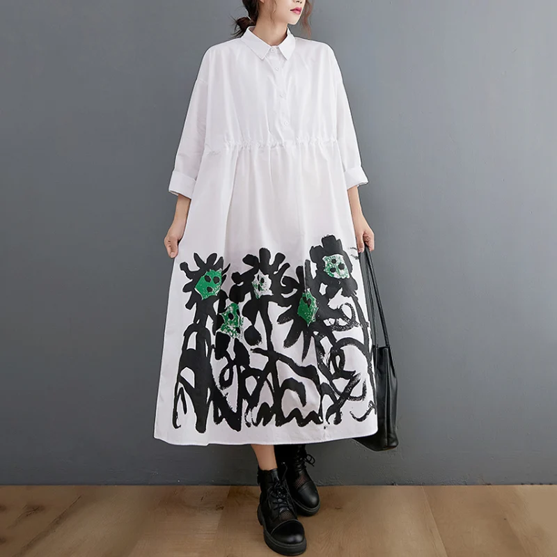 

Женское винтажное платье-рубашка, черное свободное Повседневное платье с длинным рукавом и принтом, элегантная одежда на весну и осень, 2021