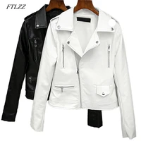 ftlzz 2022 new spring autumn women biker leather jacket soft pu punk outwear casual motor faux leather black white jacket