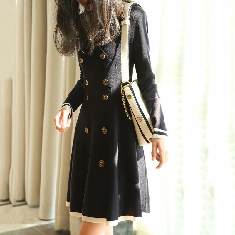 

Solid Dark Blue Knitted Women Dress Vintage Contrast Color Elegant A-line Double Breasted Office Lady Sweater Mini Dress Autumn