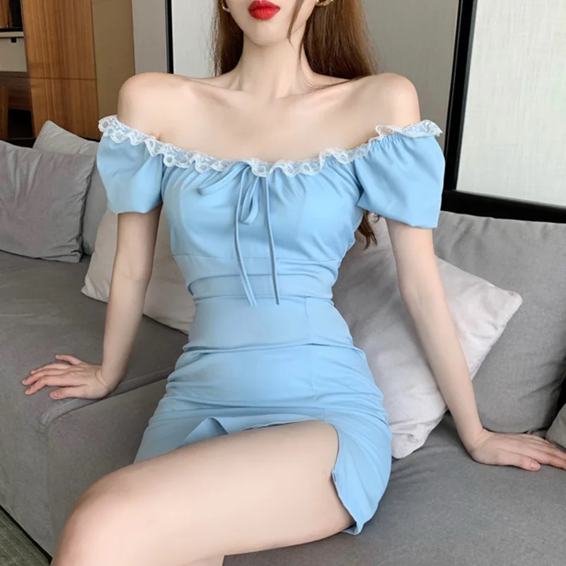 

ROPALIA Sexy Lace Bubble Sleeve Summer Dress Female Bow Waist Square Collar Sweet Dresses Vestidos