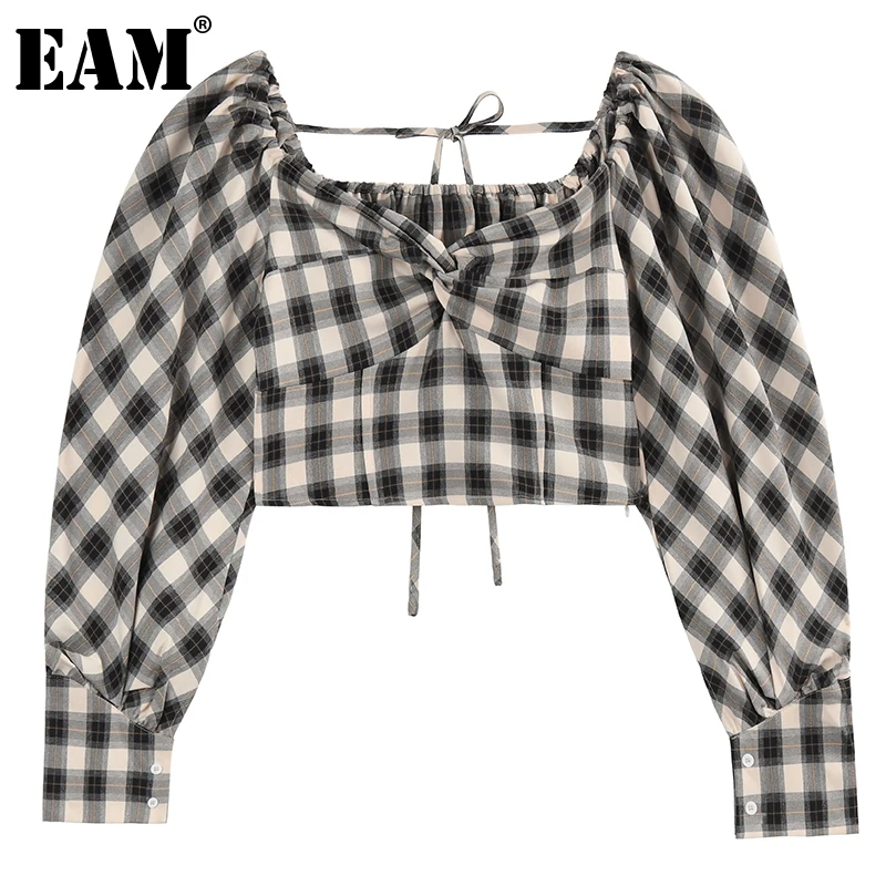 

[EAM] Women Black Plaid Bandage Short Blouse New Square Collar Long Sleeve Loose Fit Shirt Fashion Spring Autumn 2021 1DD6817