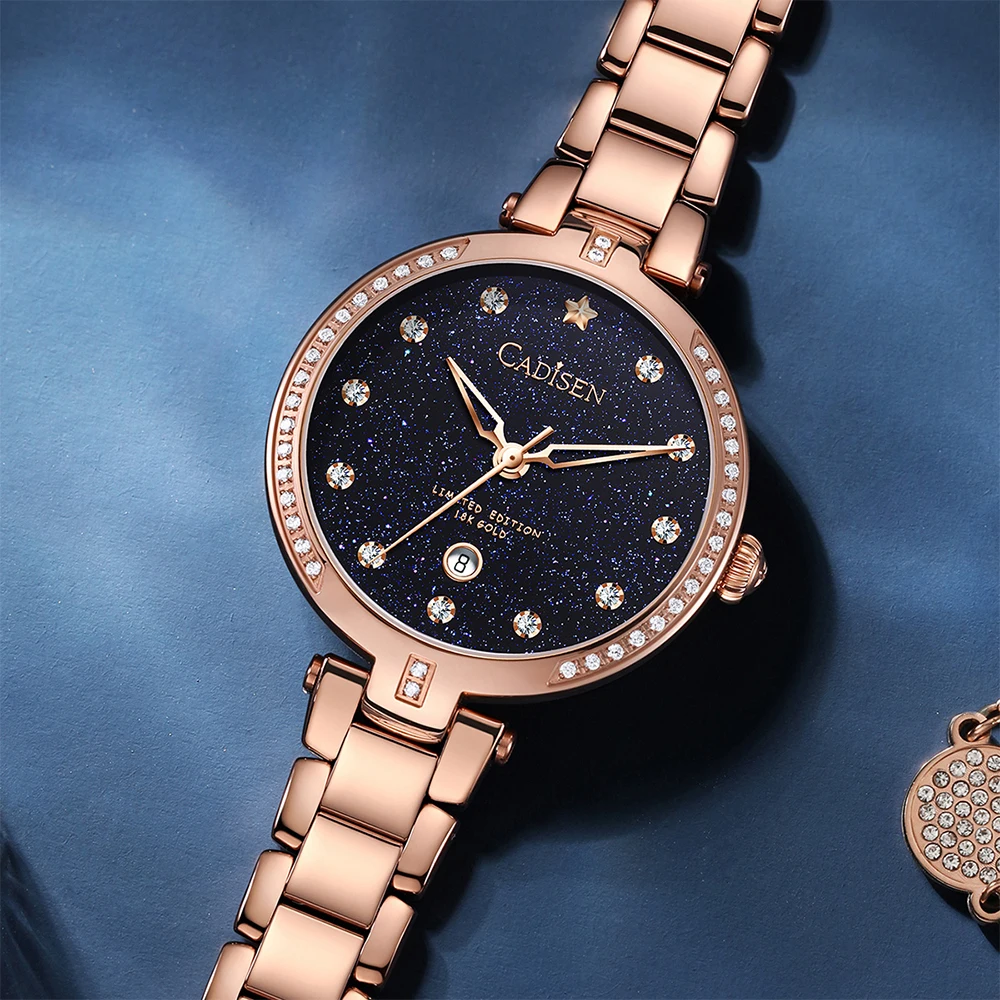 NEW CADISEN 18K GOLD Watch Luxury Brand Ladies Diamonds Watches Japen Quartz Movement Star Design Starry Sky Stainless Watch enlarge