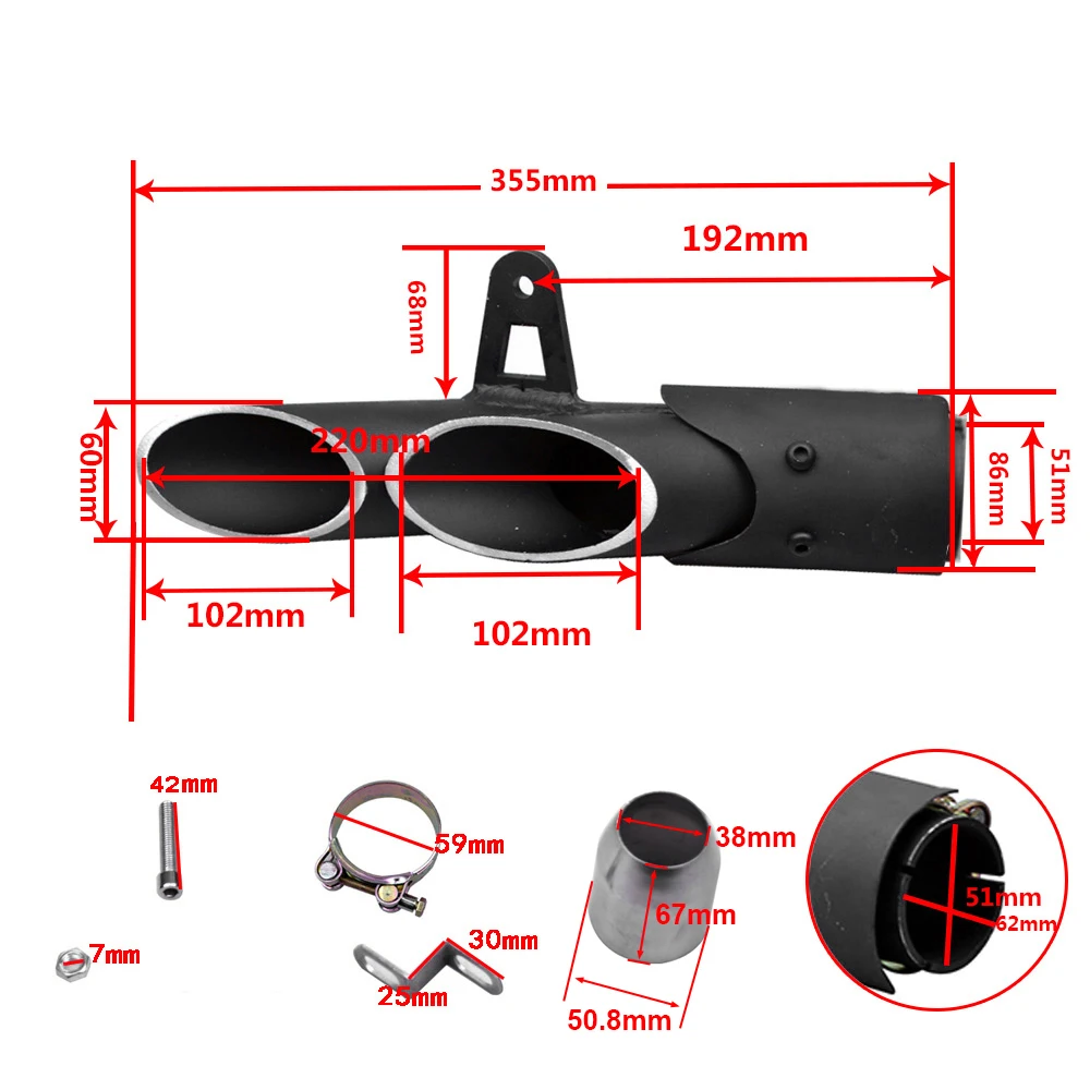 

38-51mm Universal Dual Outlet Exhaust Muffer Tail Pipe 51mm/2" For Yamaha 250/300 Kawasaki ZX6R10R Slip On Dirt Bike Scooter ATV