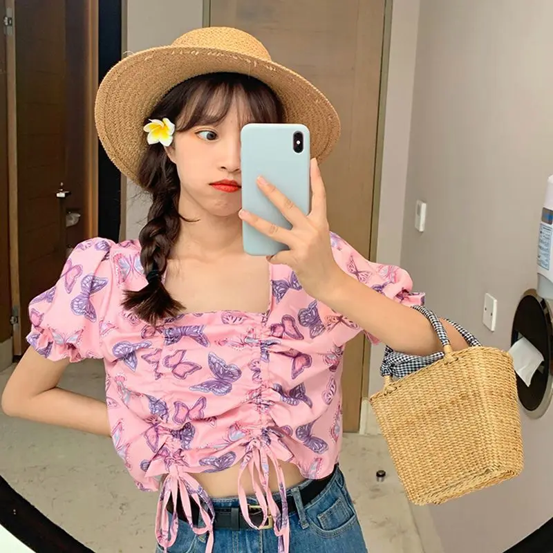 

Women Blouses Summer Drawstring Short Chiffon Short Sleeve Shirt Top Pink