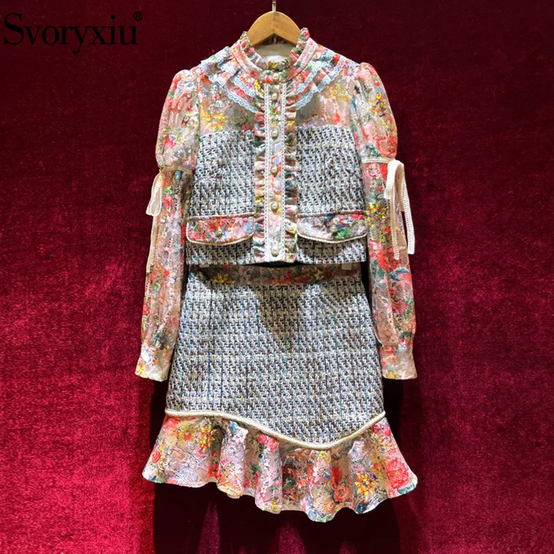 

Svoryxiu Runway Designer Autumn Fashion Skirt Suit Women's Lace Print Puff Sleeve Tweed Jackets + Mermaid Skirt Two Piece Set