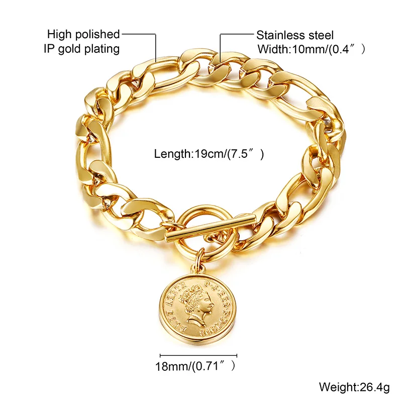 Массивный браслет-цепочка Figaro для женщин шарм монета с портретом королевы