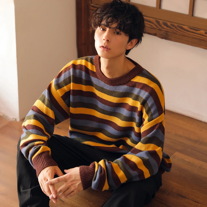 2019 autumn new casual men's oversize round neck hit color drop shoulder loose sweater sweater