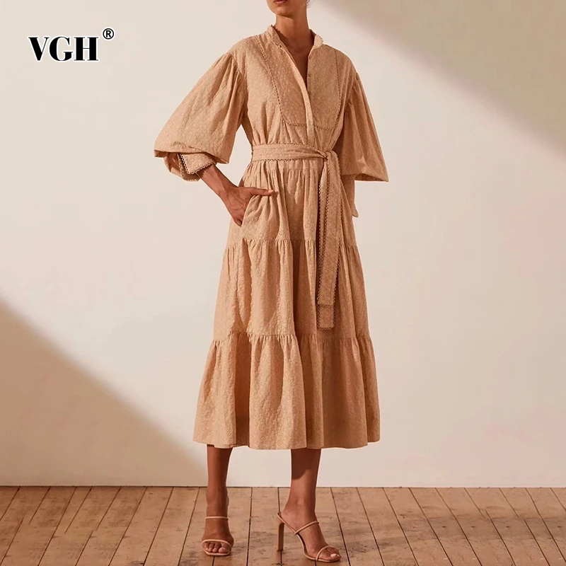 

Женское винтажное платье с рукавами-фонариками VGH, однотонное длинное приталенное платье миди со стоячим воротником и высокой талией и пояс...