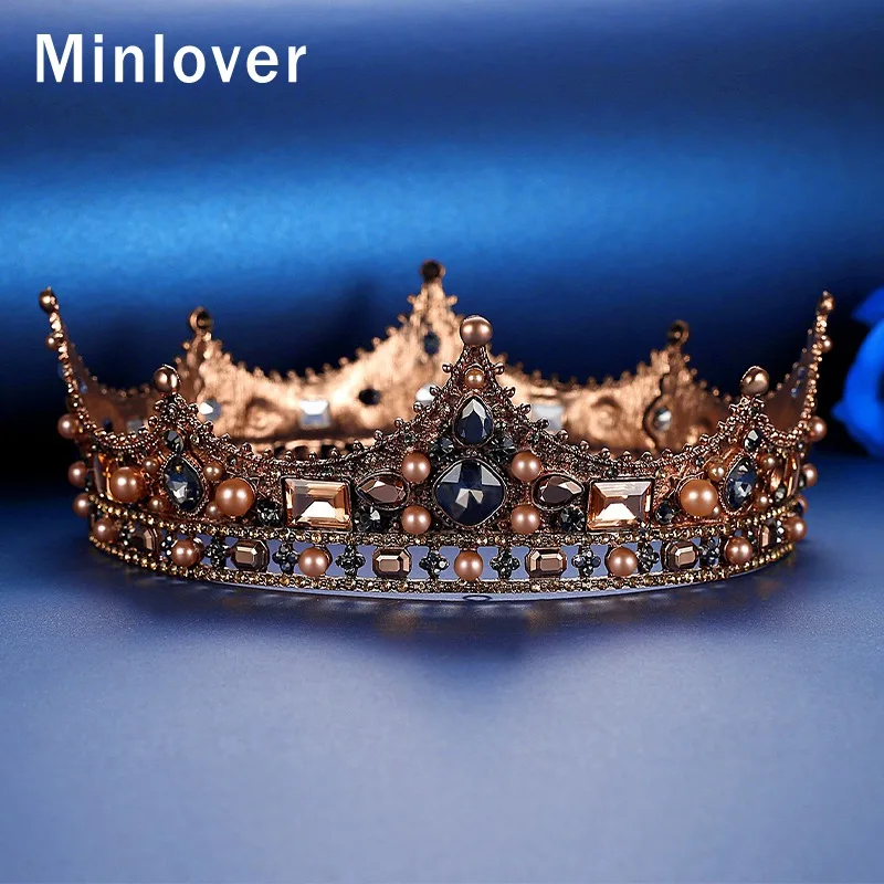 Minlover, Ретро стиль, кристалл, Полный Круглый, в стиле барокко, свадебная тиара, корона, свадебные аксессуары для волос для женщин, мужчин, королевская диадема, головной убор HG184