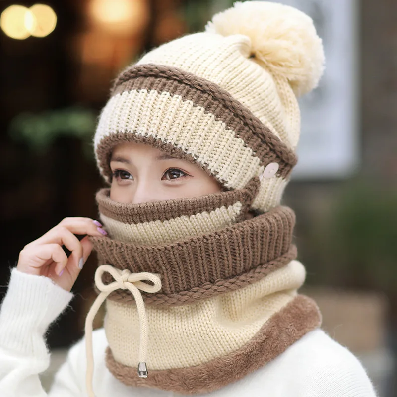 

3Pcs/set 2021 Winter Women's Hat Mask Hat Scarf Thick Warm Fleece Inside Knitted Hat Scarf Set Winter Riding Fashion Cap