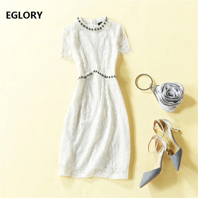 

Top Quality New Lace Dress 2020 Summer Party Events Women Studs Beading Deco Short Sleeve Slim Fitted A-Line Lace White Dress