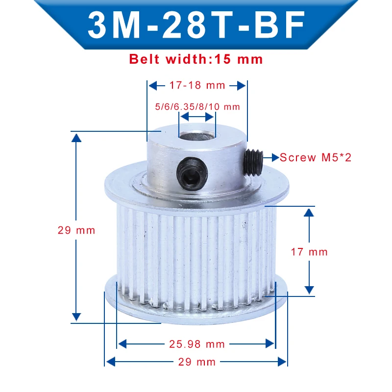 

3M-28T Pulley BF shape Inner Bore 5/6/6.35/8/10 mm Aluminum pulley wheel Slot Width 17 mm For 3M-Rubber Timing Belt Width 15 mm