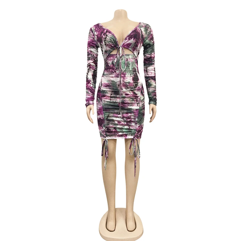 

Low Price Wholesale 2021 New Autumn Women Mini Short dresses Print Blackless Drawstring Female Long Sleeve Sexy Nightclub Dress
