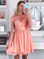 sexy sheer coral cocktail dresses with full sleeve beaded appliques a line mini short homecoming dress for girl party graduation