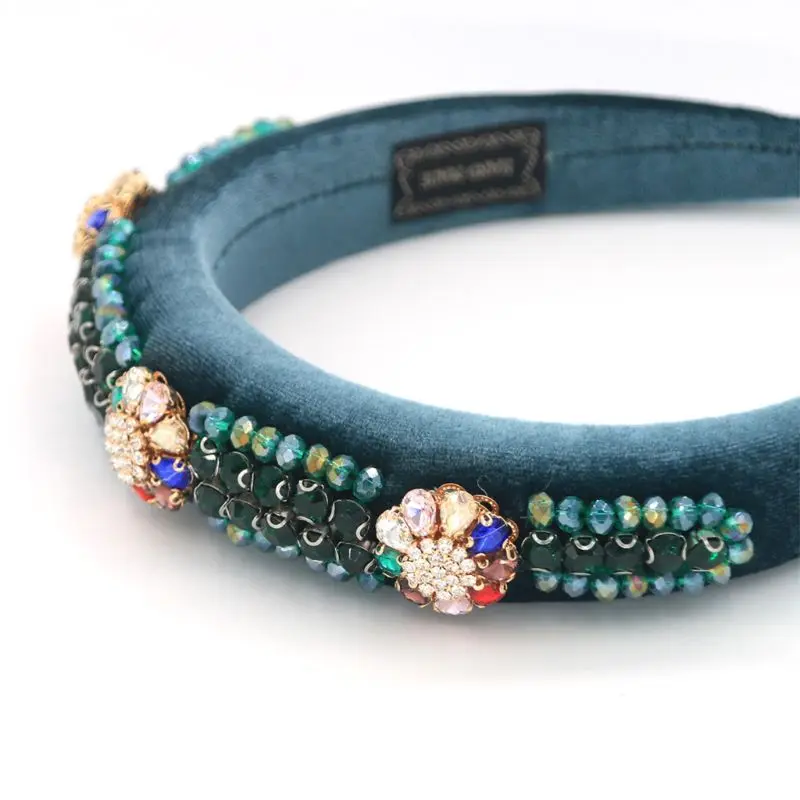 

Baroque Ladies Handmade Jewelry Headband Rainbow Rhinestone Floral Beaded Bandana Crown Sponge Padded Velvet Headdress