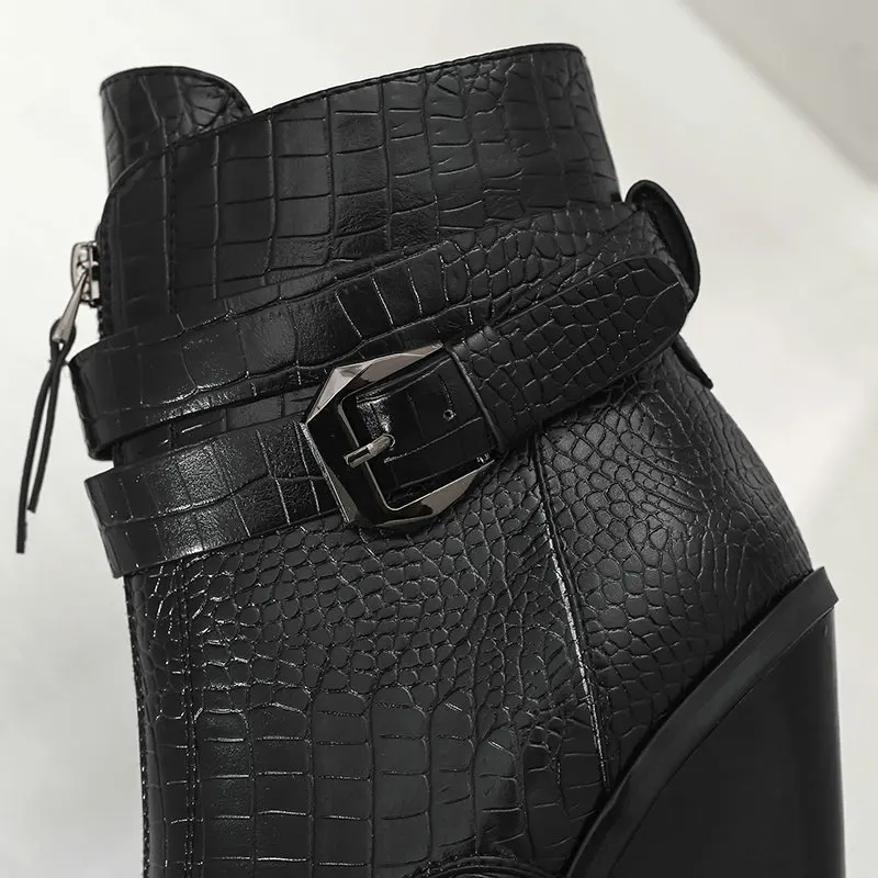 

2020 Designer Women Boots Faux Leather High Heel Ankle Boots Fashion Buckle Zipper Motorcycle Boots Autumn Winter Ladies Boots