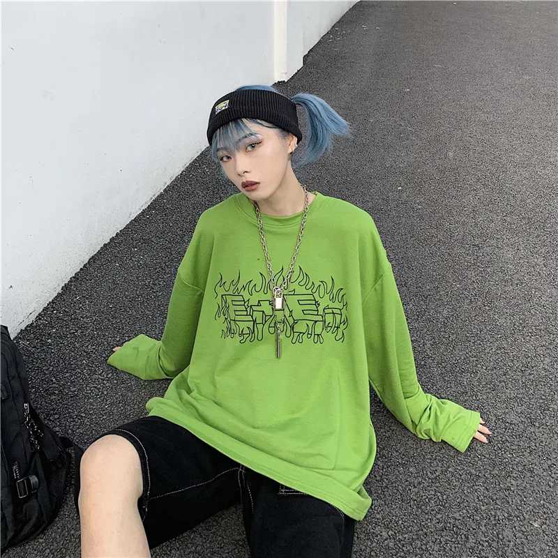 Lychee Harajuku, чистый цвет, длинный рукав, женская футболка, пламя, буквенный принт, осень, женская футболка, свободная, зеленая, женская футболка