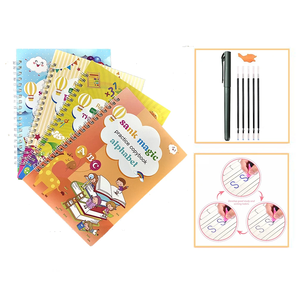 

New 4 Books/Sets of Children's Copybook Reusable Handwriting Practice Learn English Magic Stationery Calligraphy Montessori Toys