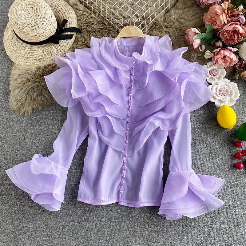 

Multi-layer Ruffles Organza Shirt Women's Perspective Stylish Long-sleeved Slim Fit Blouses Top Solid Bottom Shirt J3