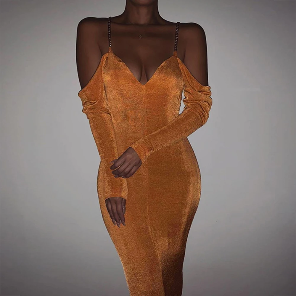 Металлический ремешок цепочка сексуальное облегающее платье длинный рукав с