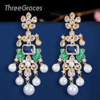 threegraces pearl flower leaf royal blue cubic zirconia long dangle earrings for women african dubai gold bridal jewelry er375
