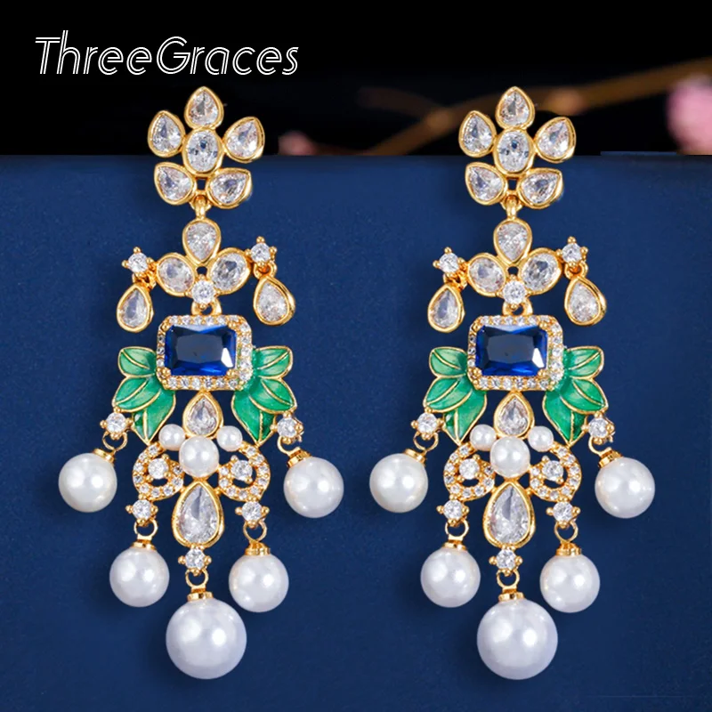 Серьги с цветами ThreeGraces длинные серьги фианитом Королевского синего цвета для