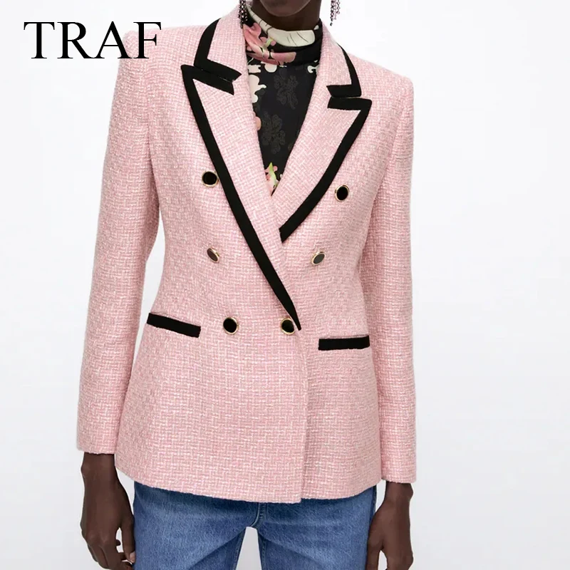 

TRAF ZA Women's Jacket Autumn Double Breasted Pockets Tweed Jacket Elegant Notched Collar Pink Blazer Coat Commute Outerwear