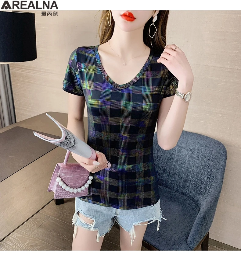 

tshirt women 2021 summer V-neck short sleeve Glossy bronzing bottoming shirt streetwear female t-shirts bodycon sexy ladies tops