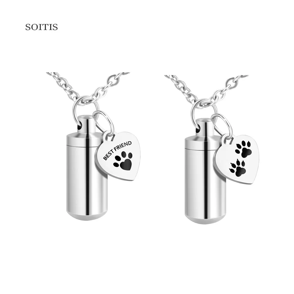 

SOITIS Free Carving Stainless Steel Vial Pendant Urn Necklace Print Dog Paw Memorial Keepsake Gift for Miss Lovely Pet Dogs