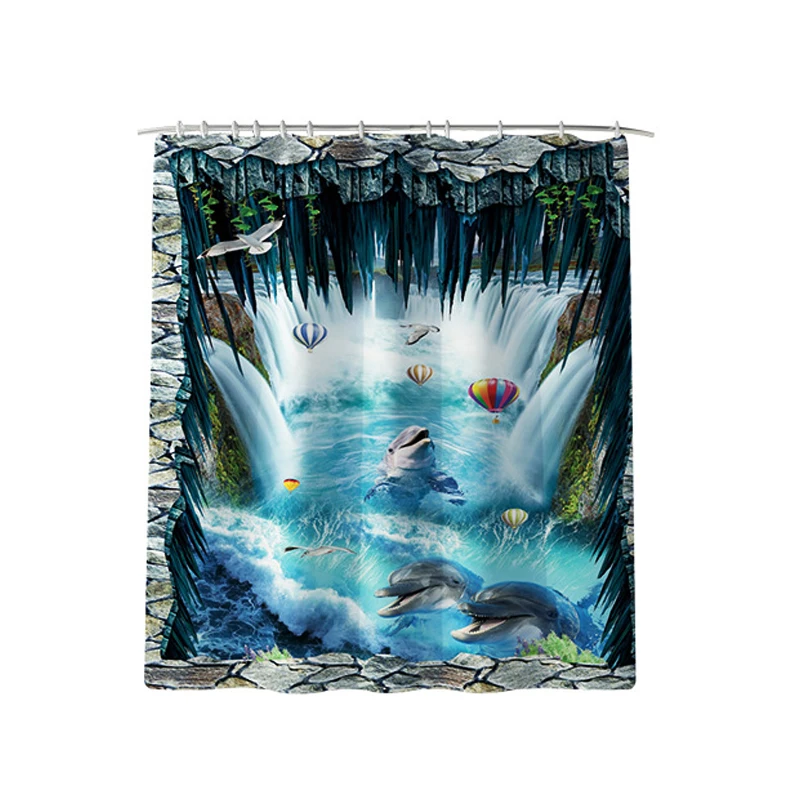 Ванная комната Ковер Душ занавес 3D Дельфин Bath Mat Set Waterproof ванной комнаты фланель