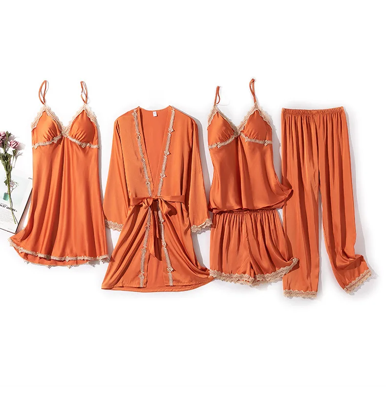

Women Satin Sleepwear 5 Piece Pajamas Nightgown Silky Pijamas Suit Loose Home Clothes Set For Kimono Bathrobe Gown Sexy