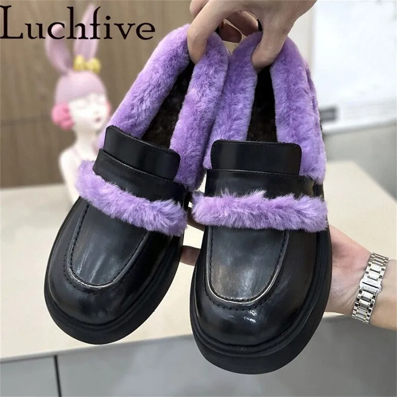 

Fashion Wool Flats Loafers Shoes Women Round Toe Ladies Shoes Slip On Leisure Outwear Runway Purple Zapatos De Mujer