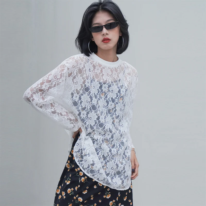 

White Tshirts Mujer Pullover Lace Perspective Tees Top Mesh Women Clothes Vintage Tops T Shirt O-Neck Short Sleeves Blusas