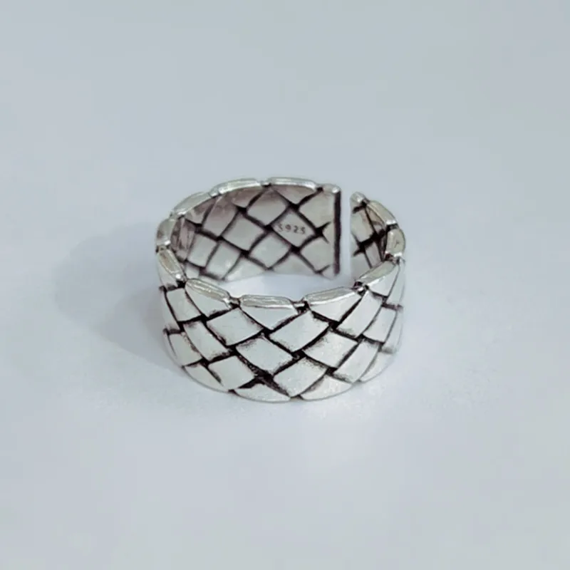 Authentic 925 Sterling Silver Fashion Retro Wide-Face Woven Mesh Opening Ring Fine Jewelry For Women Party Gift | Украшения и