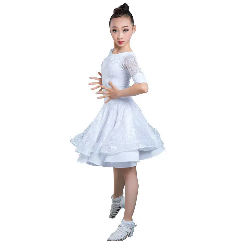 Children Latin Dance Dress Ballroom Baby Girl Tutu Lace Black White Design Stage Clothing Salsa Samba Costume 130-160CM | Тематическая