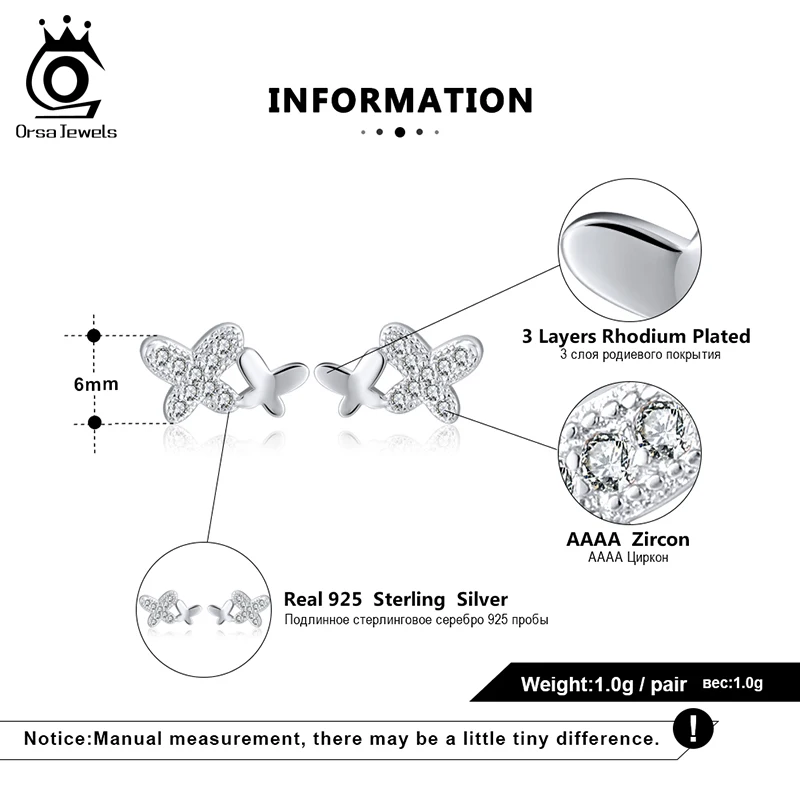 ORSA JEWELS 925 Серебряные женские маленькие серьги гвоздики с крошечной бабочкой AAAA