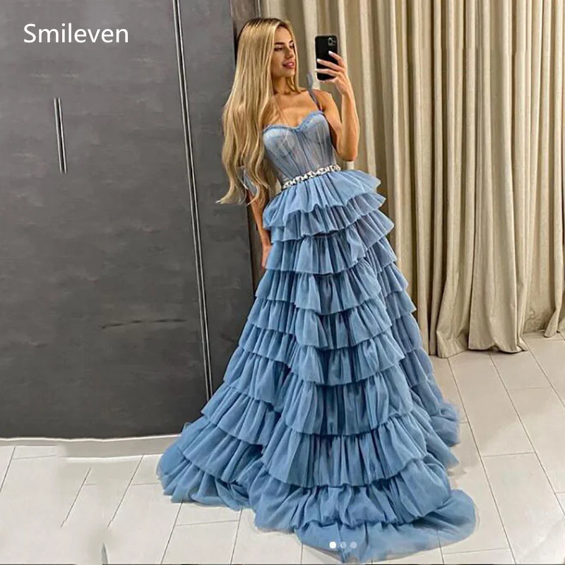 Голубое милое платье принцессы Smileven бальное пышная ярусная тюль длинное