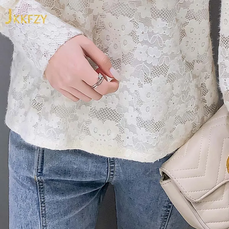 

Autumn Winter New Fashion Slim Stand-up Collar Fungus Lace Shirt Woman Hollow Out Buttons Full Sleeve Blouse Elegant Clothing